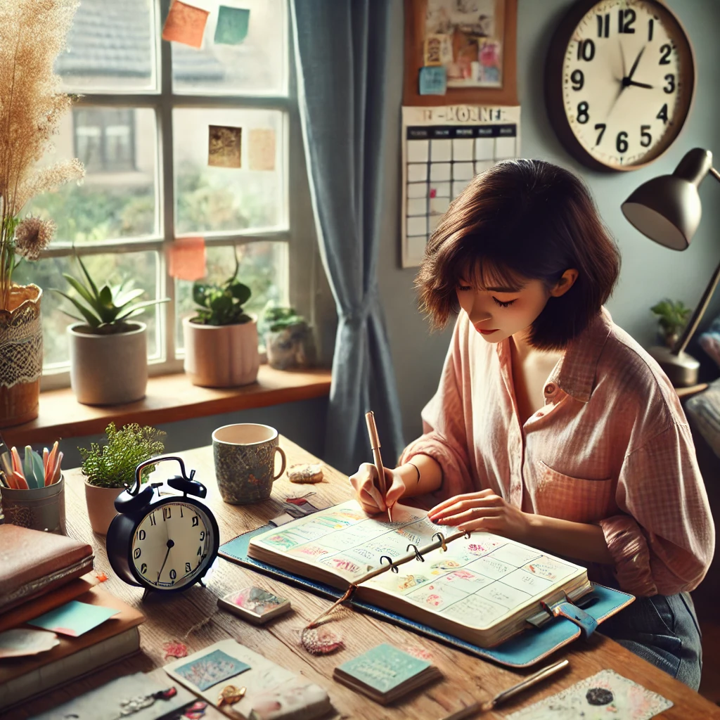 A person organizing their day with a planner or clock.