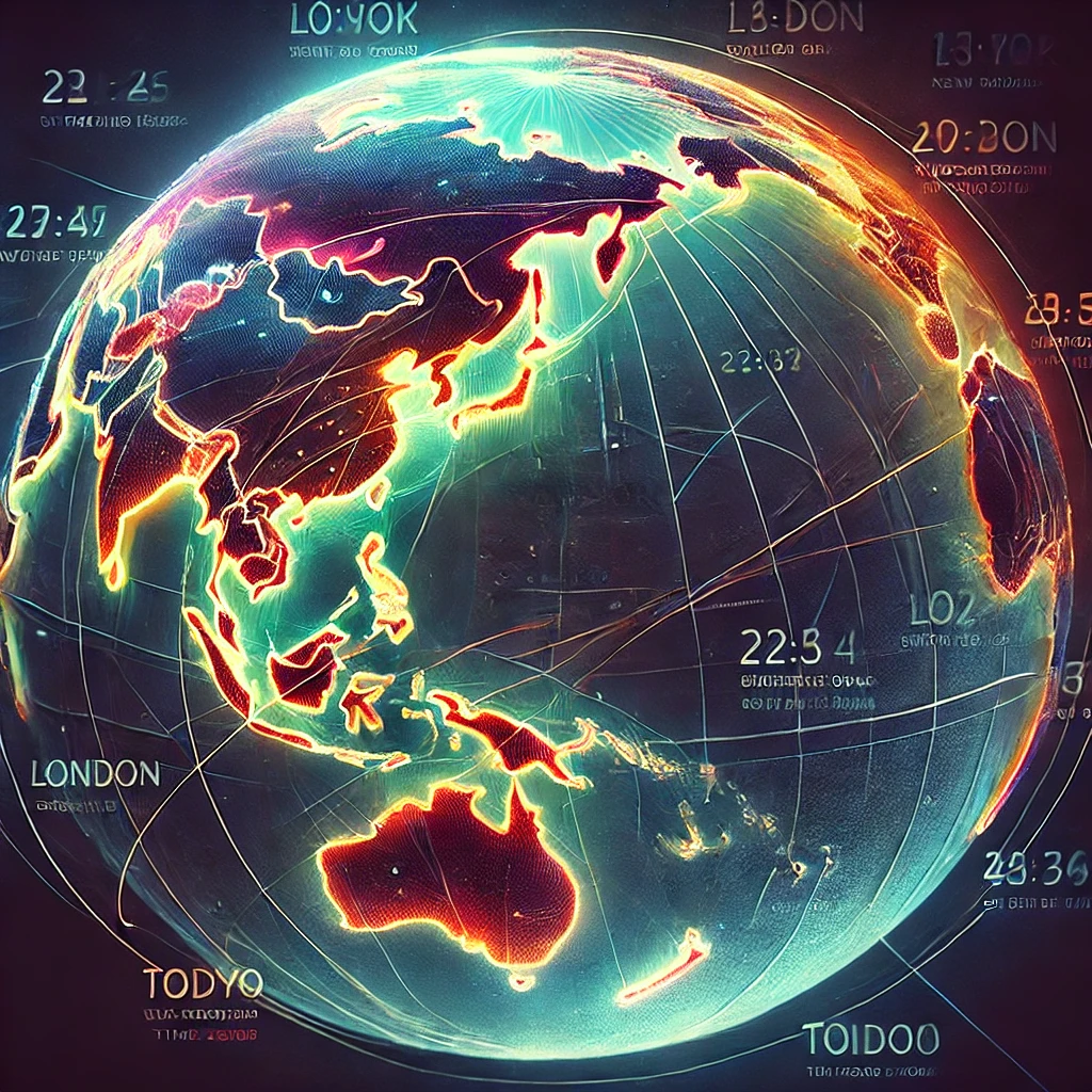 A globe with time zones highlighted.